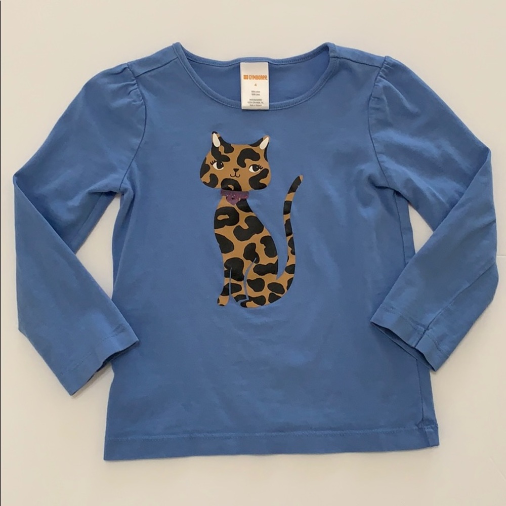 Gymboree Girls Long Sleeve Blue Top/Shirt, with Leopard cat on front Size 4